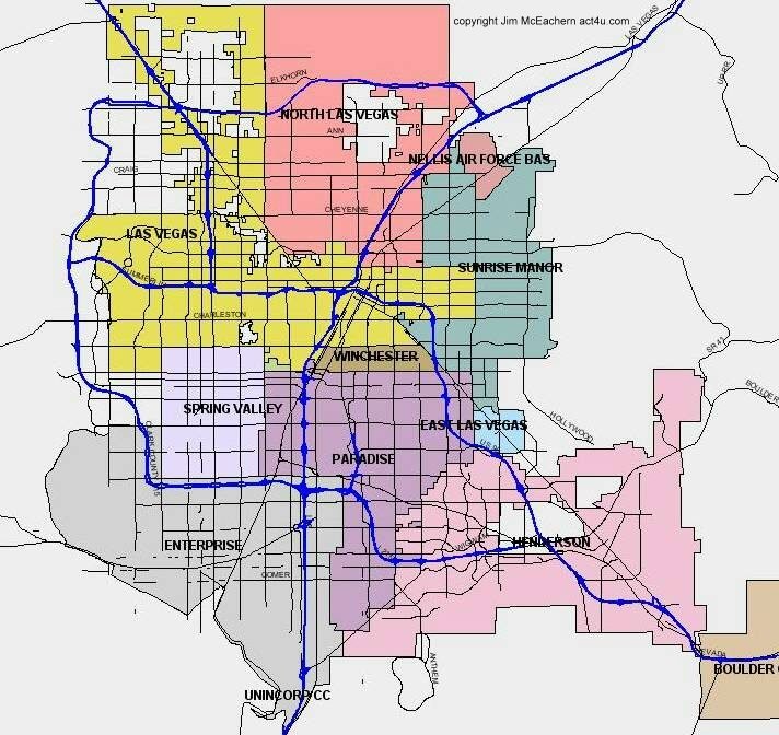 Las Vegas incorporated cities map including Henderson, North Las Vegas and unincorporated Clark County Nevada.